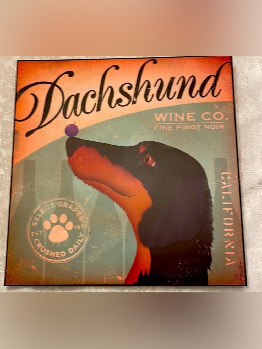 Dachshund Wine Co wood poster print.